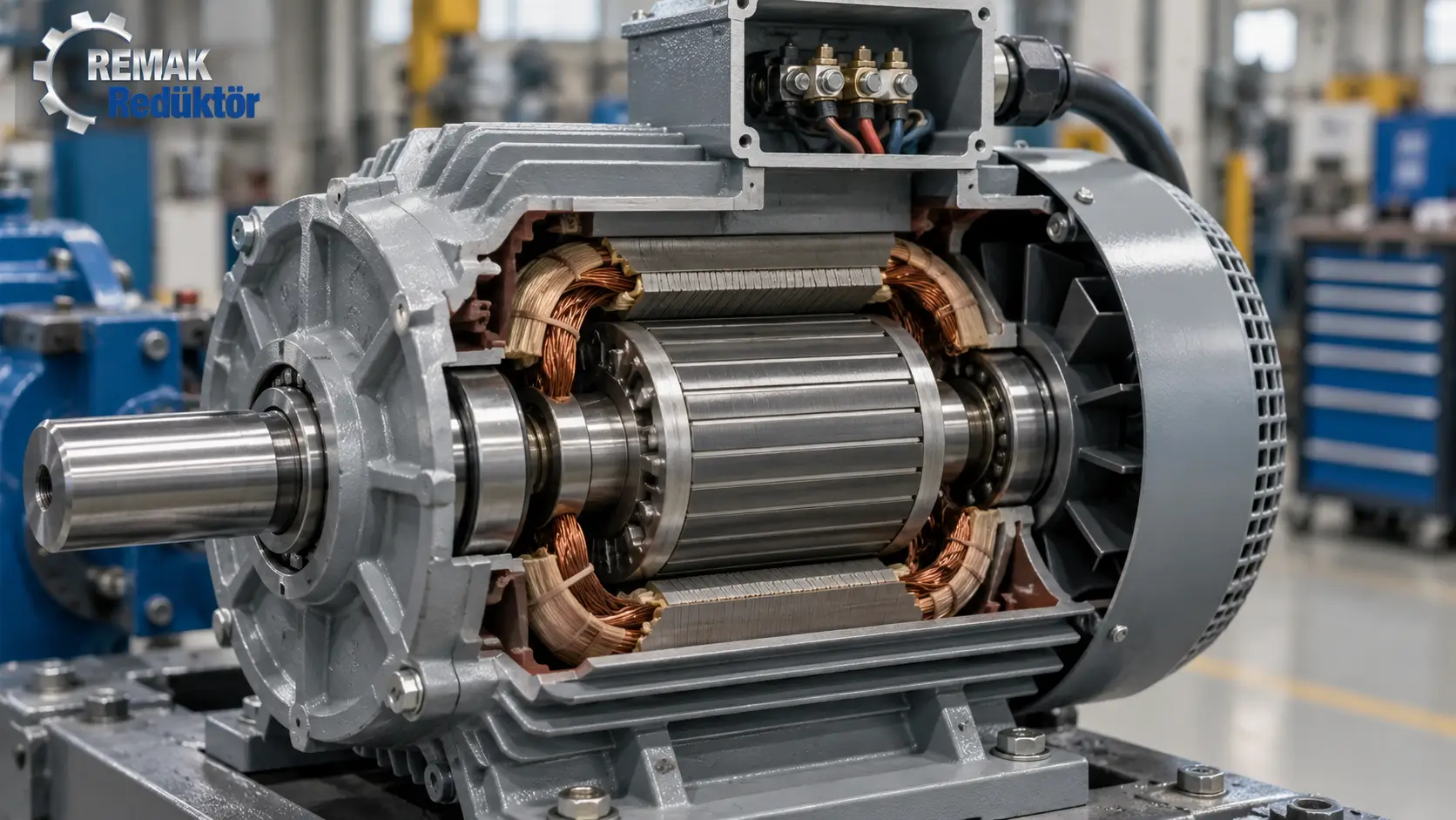 asenkron motor, üç fazlı elektrik motoru, endüksiyon motoru, elektrik motoru iç yapısı, stator ve rotor, endüstriyel motor, REMAK Redüktör
