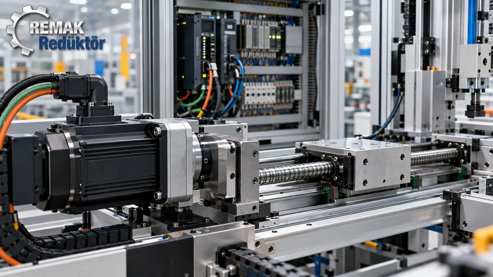 servo motor, lineer hareket sistemi, bilyalı vida mili, otomasyon makinesi, elektrik panosu, endüstriyel kontrol sistemi, hassas üretim sistemi
